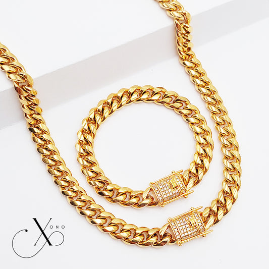 Miami Curb Necklace & Bracelet Set with Iced Out Triple Lock